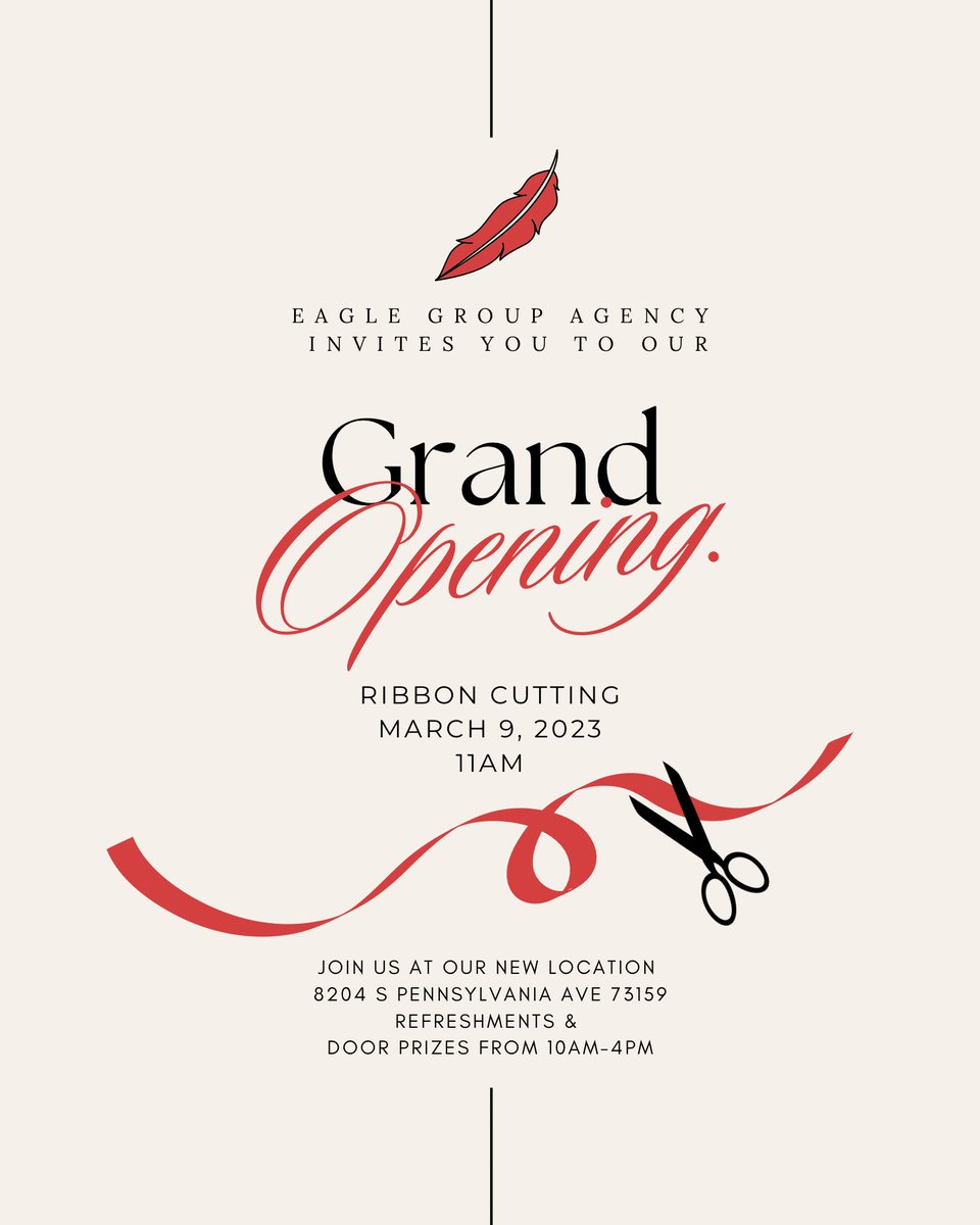 Tomorrow is the Day!  Our Grand Re-Opening 10am - 4pm and the Ribbon Cutting is at 11am!  Come check out our new location, get to know our agents.  There will be drawings for door prizes every hour and light refreshments will be served. #eaglegroupagency #southokcchamber