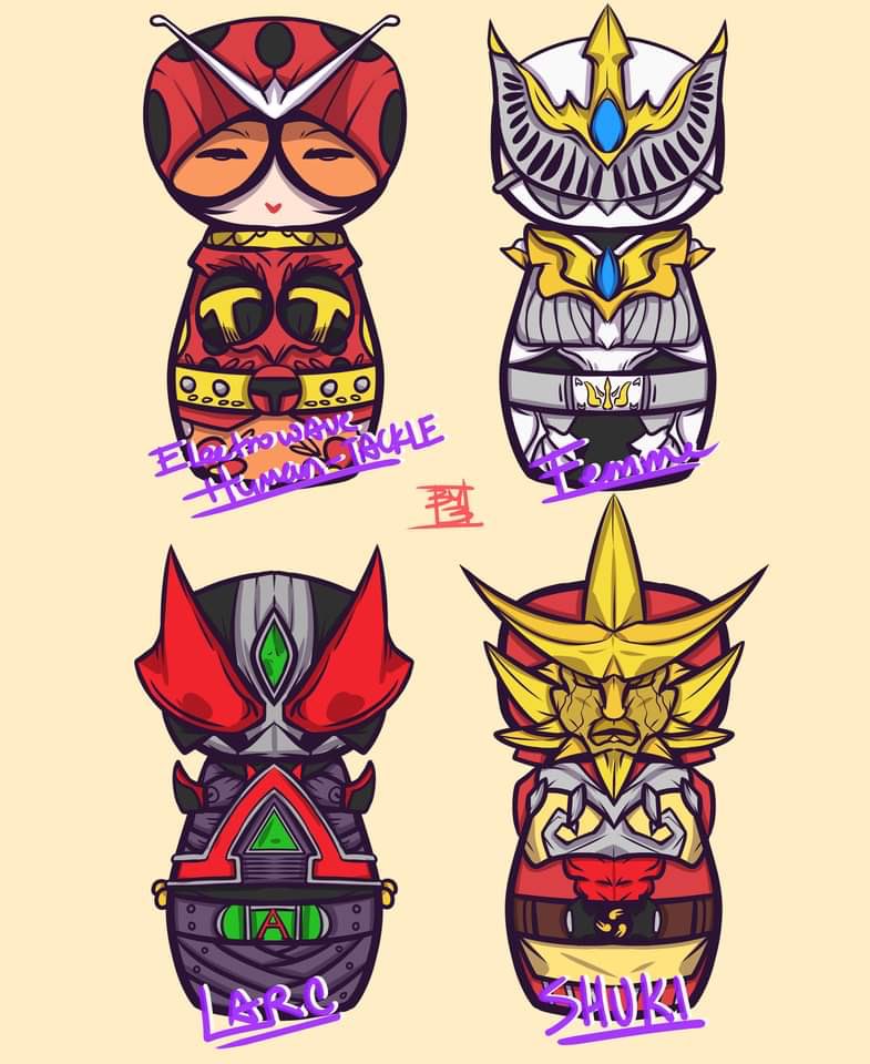 BY13x's tweet photo. International Woman’s Day
Rider Ladies

Raidā #Kokeshi Set 1

#art #drawing #fanart #tokusatsu #こけし #kamenrider  #仮面ライダー #electrowavehumantackle #電波人間タックル #kamenriderfemme #仮面ライダーファム #kamenriderlarc #仮面ライダーラルク #kamenridershuki #仮面ライダー朱鬼 https://t.co/P9mALS4pDi