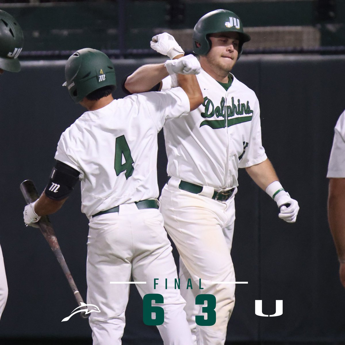 How about a second-straight Wednesday night road win over a ranked foe?! Dolphins knock off the Canes in Coral Gables! Final pres. by @NorthFLSales  #JUPhinsUp