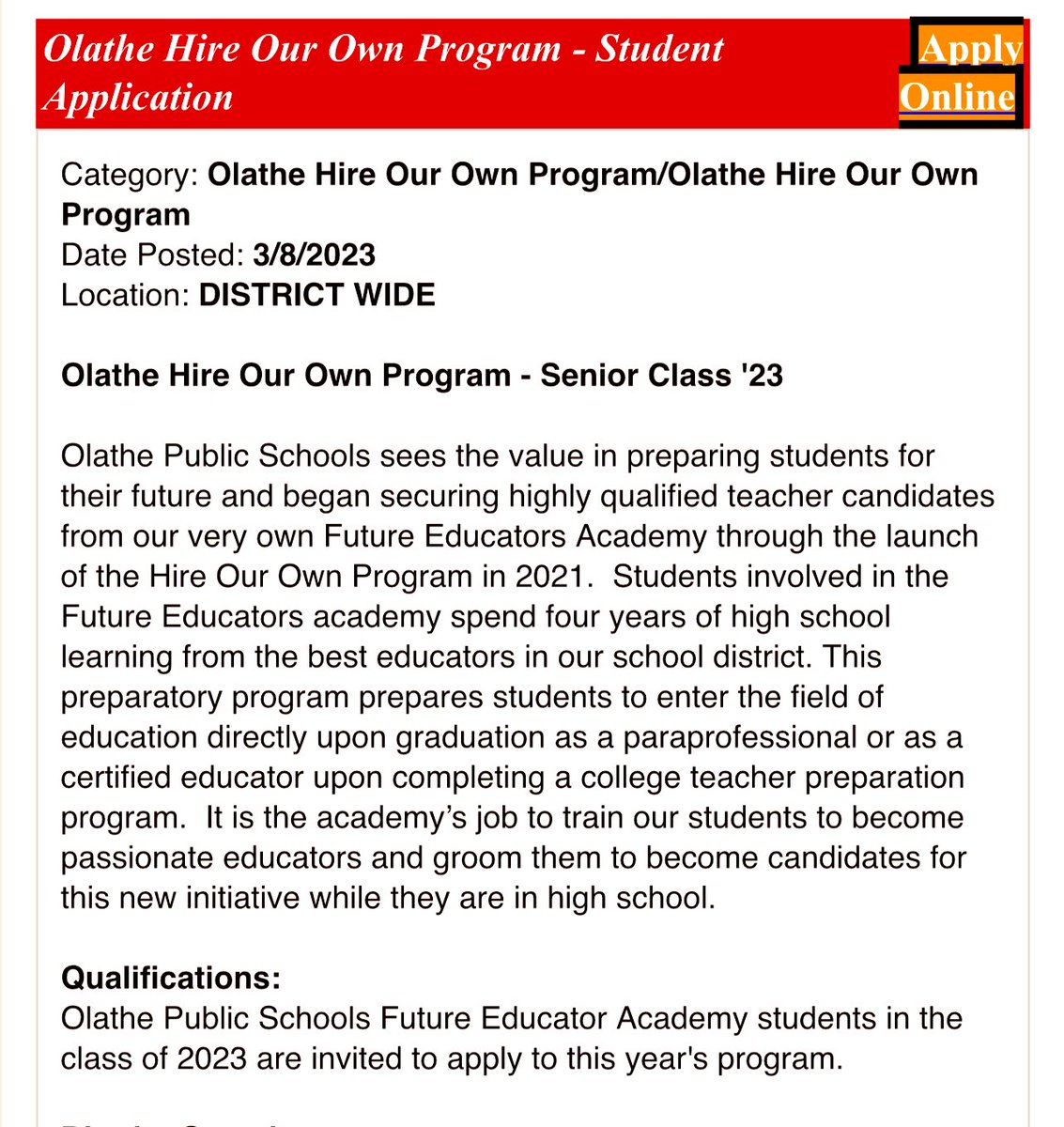 OlatheFutureEd's tweet photo. The Hire Our Own job application for #FEA class of 2023 is now accepting applications!!! @OlatheSchoolsHR thank you for this incredible opportunity to bring the best home to @olatheschools
FEA seniors, happy applying!! #futureteachers #nowhiring #hireourown #teachingcontract https://t.co/tOSKtCOwlA