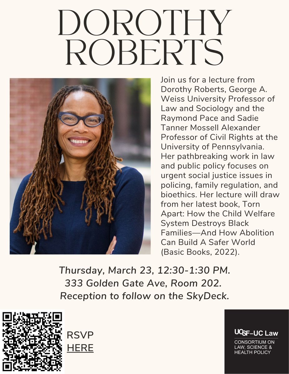 We are thrilled to announce <a href="/DorothyERoberts/">Dorothy Roberts</a> will be joining us on Thursday 3/23 to lecture on her new book.  Don't miss this fantastic discussion!  RSVP here: forms.gle/b1UqpKkW1H343a… <a href="/uclaw_sf/">UC Law San Francisco</a>
