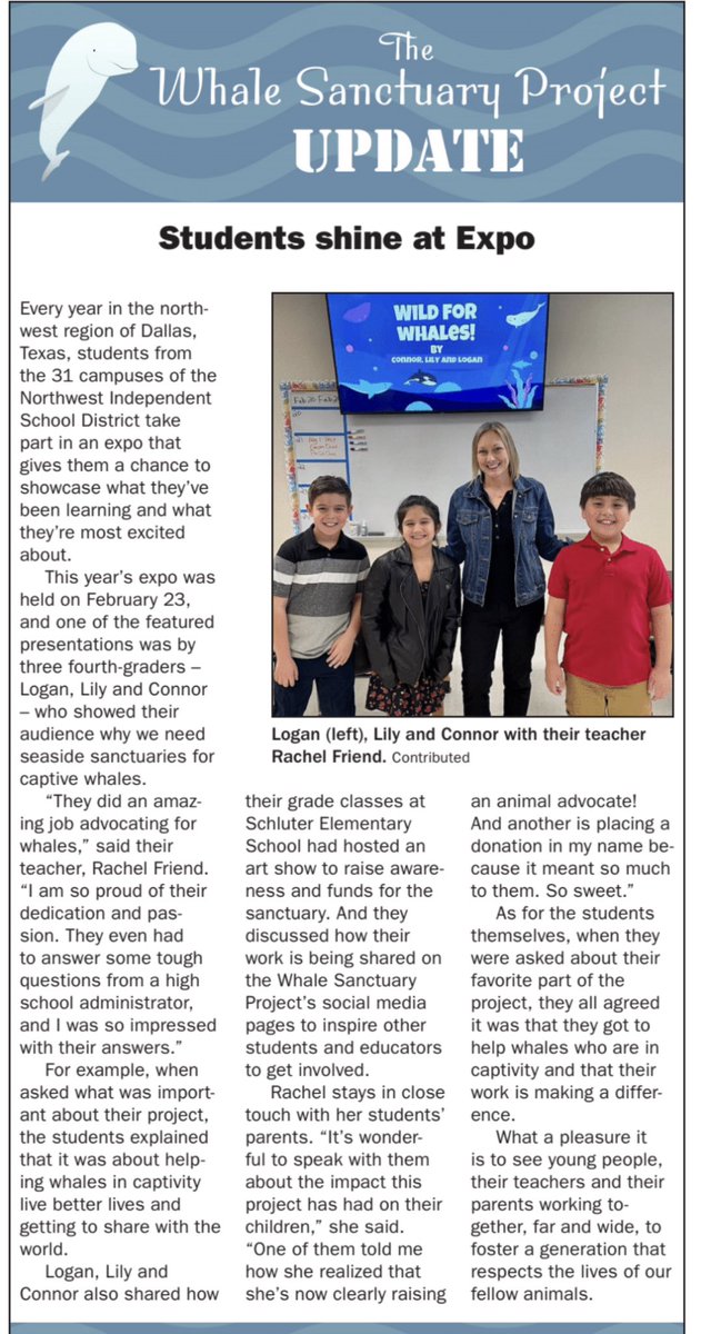 RFriend_Class's tweet image. Shout out to @NorthwestISD for hosting  #nisdexpo this year! My 4th graders at @schluterelem were featured in The Guysborough Journal, a local newspaper in Nova Scotia where the whale sanctuary is being built. So proud of them! 💜🐳
