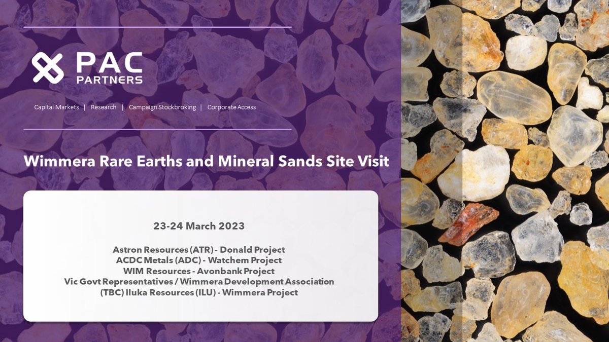 PAC Partners (@pac_partners) on Twitter photo PAC Partners invites you to attend a tour of the following companies and their Victorian assets:
Astron Resources (ATR), ACDC Metals (ADC), WIM Resources, and Iluka (ILU) tbc
To register your interest please contact bpicken@pacpartners.com.au (For wholesale investors only) PAC Partners invites you to attend a tour of the following companies and their Victorian assets:
Astron Resources (ATR), ACDC Metals (ADC), WIM Resources, and Iluka (ILU) tbc
To register your interest please contact bpicken@pacpartners.com.au (For wholesale investors only)