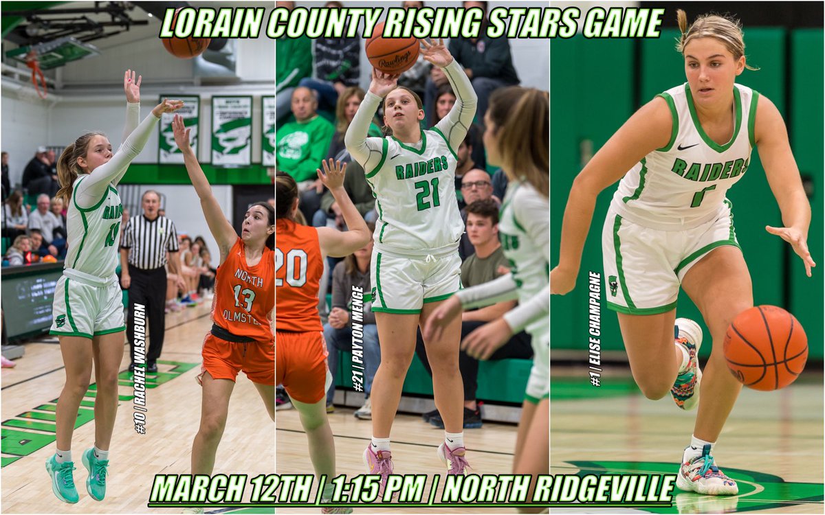 If you aren’t busy this Sunday come on out and watch our three juniors <a href="/rachelwashburn_/">rachel washburn</a>, <a href="/paytonmenge/">payton menge</a>, and <a href="/EliseChampagne6/">elise champagne</a> compete in the Lorain County Rising Stars Game at North Ridgeville at 1:15! #RaiderHoops #onceaRaider
