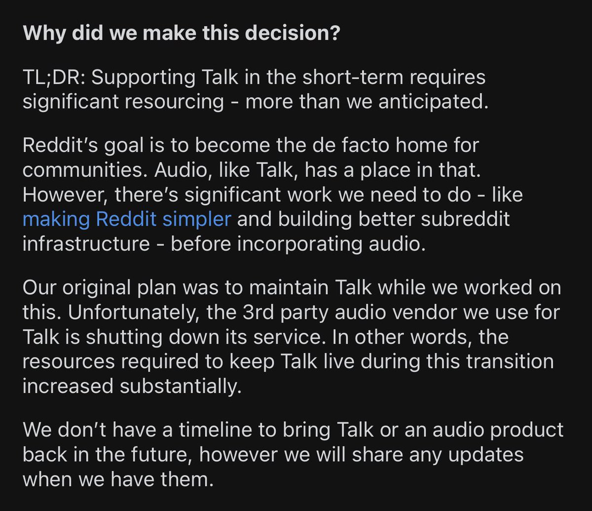 morqon's tweet photo. reddit is shutting down reddit talk, their social audio feature

—hosting ends march 21
—downloads end june 1

RIP 🥀 https://t.co/yNrPUDzFwr