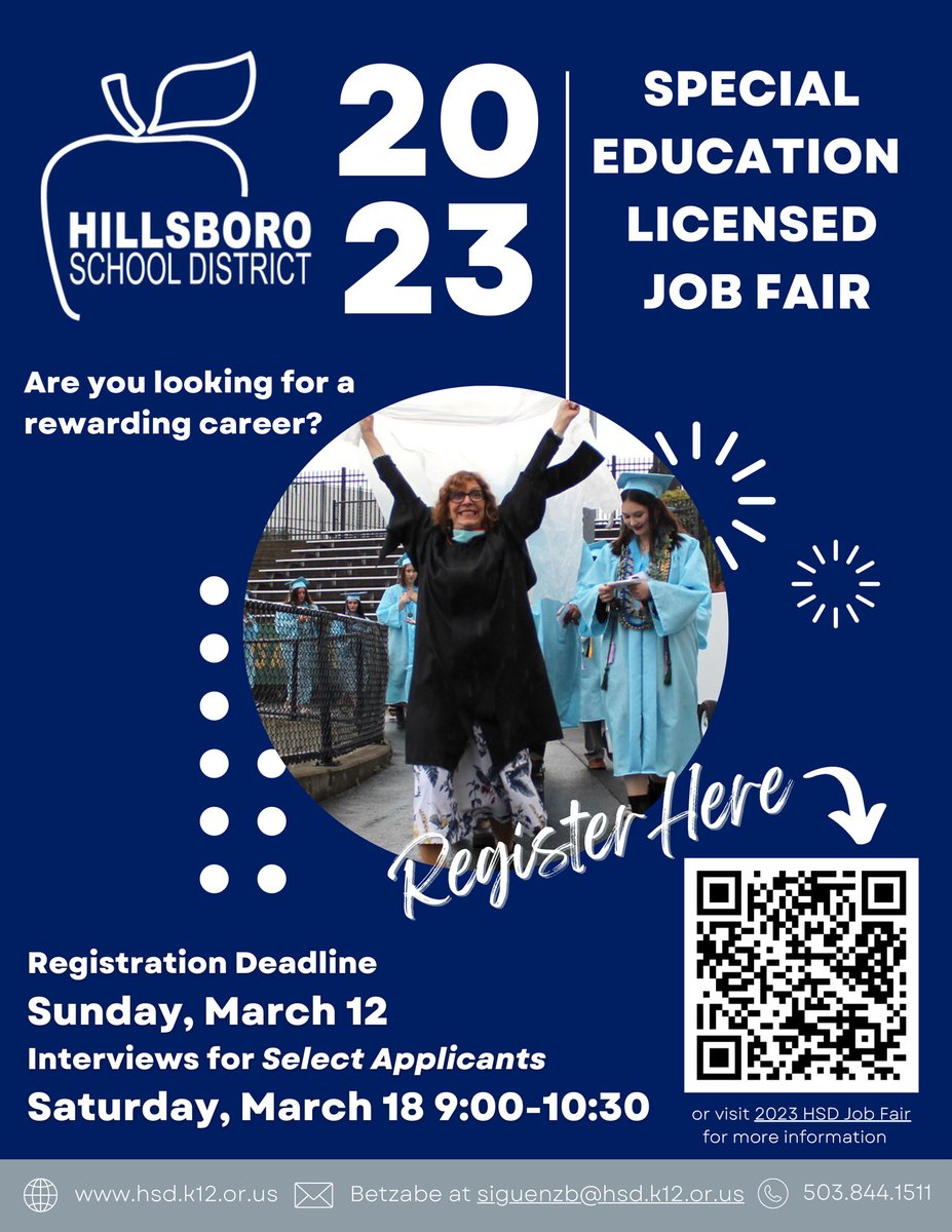 2023 HSD Special Education Licensed Job Fair
Saturday, March 18 9:00 - 10:30 a.m.

hsd.k12.or.us/jobfair to register (deadline Sunday March 12)