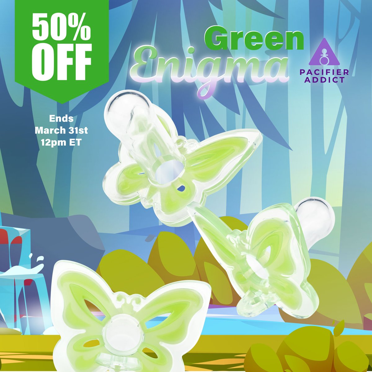 PacifierAddicts's tweet photo. For the rest of the month of March save 50% on Green Enigma Pacifiers!
https://t.co/pCXogj6wJl
#adultpacifiers #pacifiers #pacifieraddict #ageplay #custompacifier #butterflypacifier #adultbaby #abdlpacifier https://t.co/qx84eQEgqn