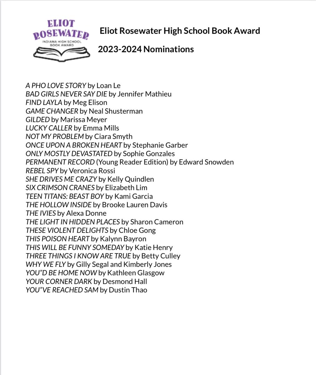 Eliot Rosewater Indiana High School Book Award tweet media