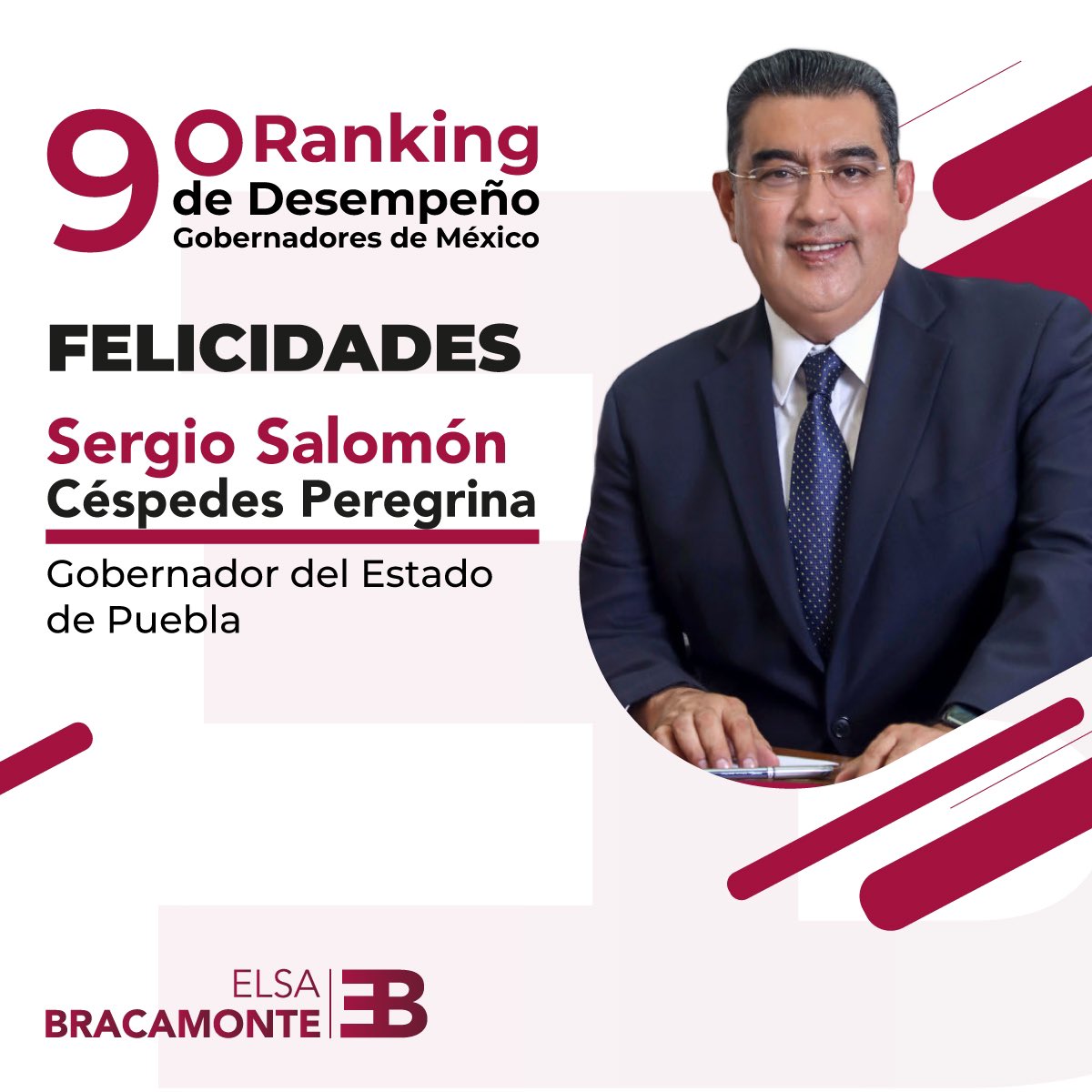 Felicito a nuestro gobernador, <a href="/SergioSalomonC/">Sergio Salomón</a>, quien ha sido reconocido con el noveno lugar del Ranking de Desempeño de Gobernadores de México, por su trabajo al frente del @Gob_Pue. 

¡Sigamos trabajando como nunca antes #PorPuebla!