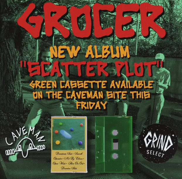 Coming this Friday to Caveman Tapes! @ItsGrocer new album “Scatter Plot” on putt putt green tapes!!! Yellow tapes available on their current tour so go see them be sick and grab one of those too.