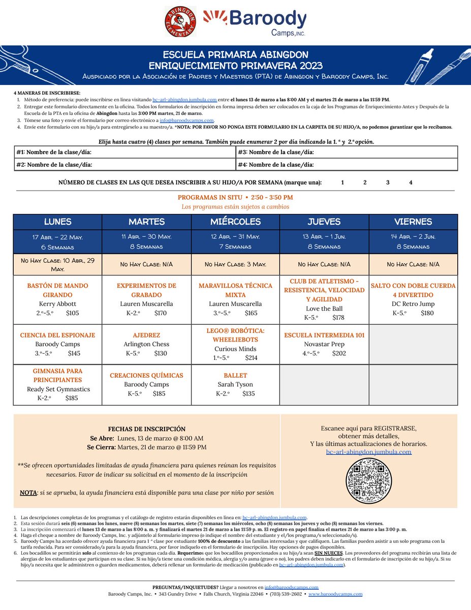 📢 It's almost time to register for after-school enrichment classes for the Spring Session.   Scholarships are also available to those in need of financial assistance.  Register online on March 13th at 8 am:  bc-arl-abingdon.jumbula.com/#/spring-2023.