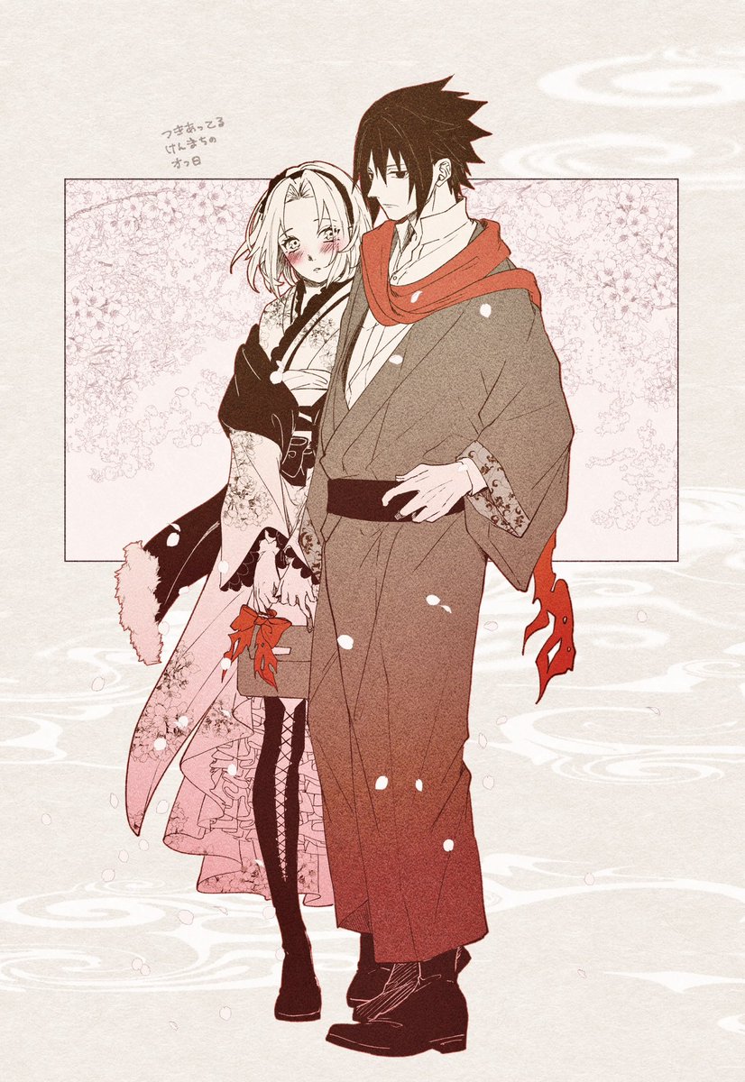 haruno sakura ,uchiha sasuke 1girl 1boy kimono japanese clothes blush scarf red scarf  illustration images