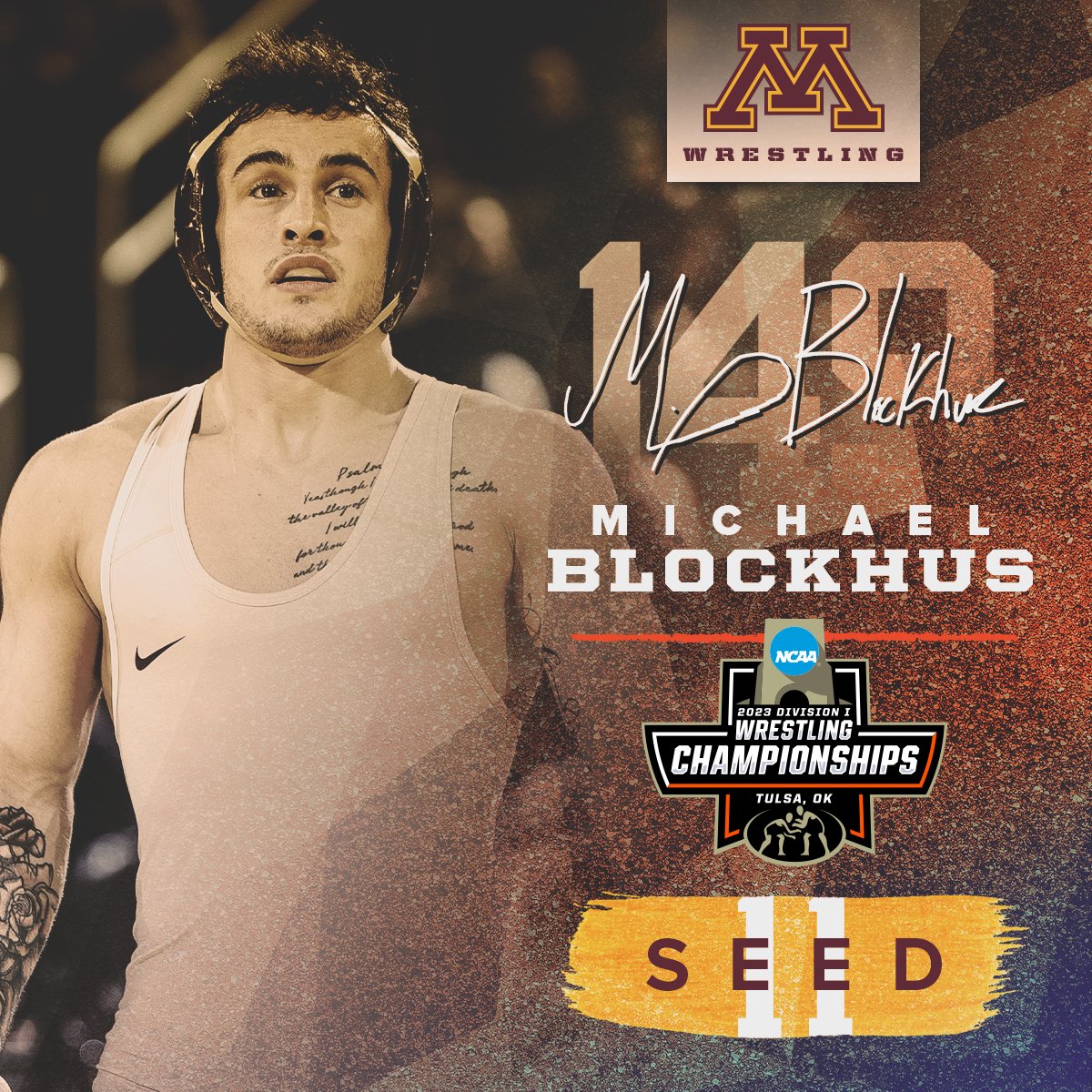 Would hate to be any man on his side of the bracket, as Big Ten finalist Michael Blockhus brings a whole lot of momentum to Tulsa as the 11-seed at 149 pounds! 〽️

#GopherTough // #SkiUMah