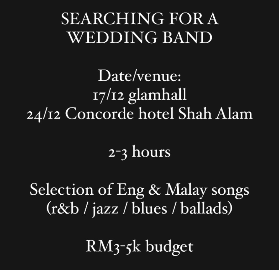 irrereejtable's tweet photo. #helpingafriendout
#lookingfor
ANY BAND KEEN TO PERFORM AT A WEDDING??
RM3-5k per event . Dm me ok. https://t.co/f9nC8xCR8q