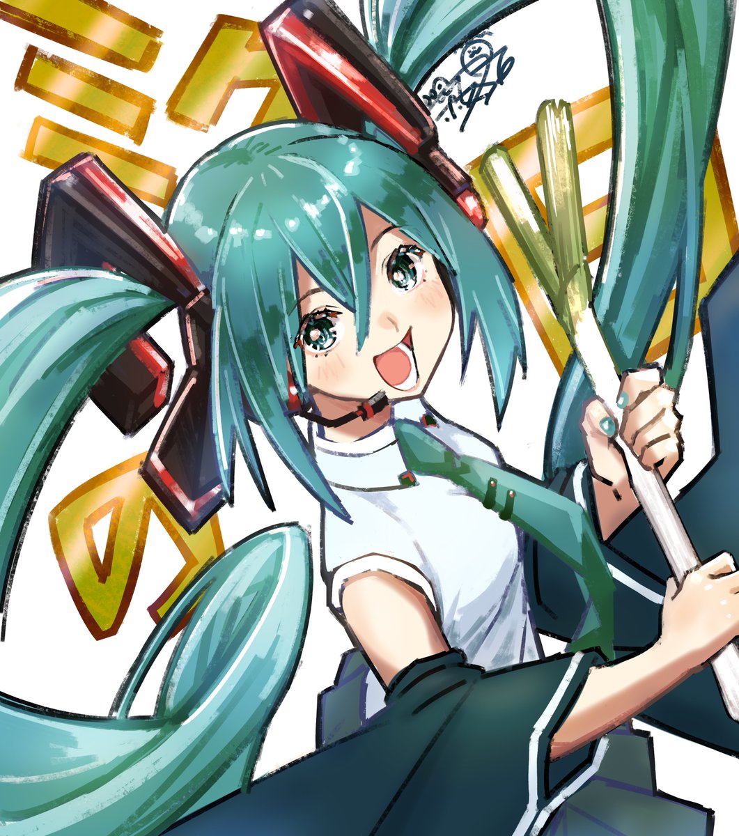 hatsune miku 1girl solo spring onion twintails holding vegetable long hair detached sleeves  illustration images