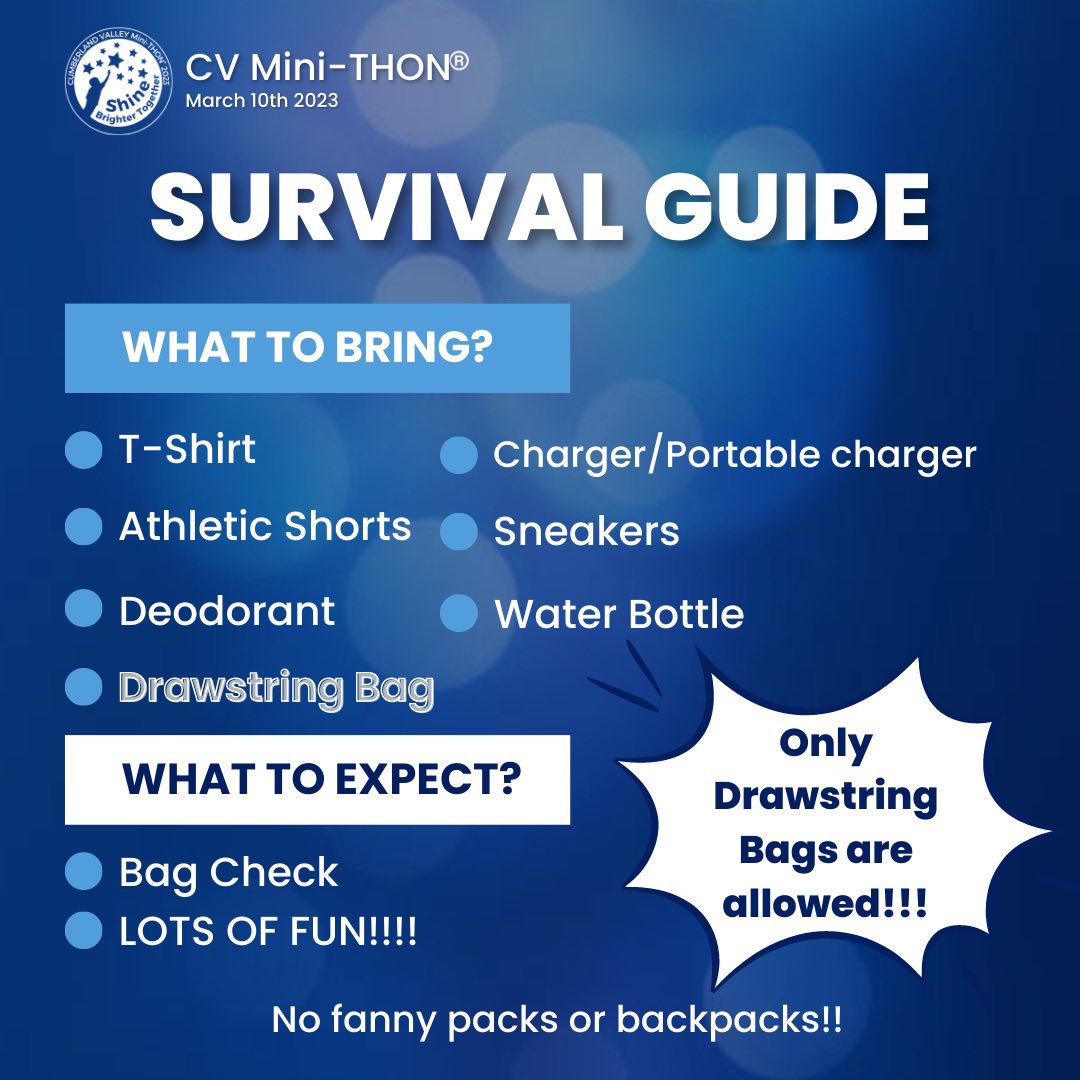 Mini-THON survival guide! Here are some helpful things to bring with you Friday night. You will have access to them all night, but all bags must be checked with bag check. Make sure to get your registration forms in because this is an event you don’t want to miss! #ftk 🔷🎗💙