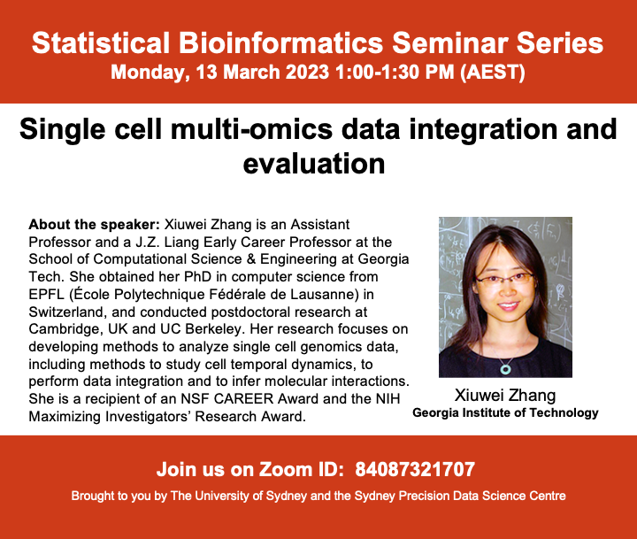 Sydney Precision Data Science Centre (@sydneybioinfo) on Twitter photo What are the challenges of single cell multi-omics data integration and evaluation? Next Monday, <a href="/XiuweiZhang/">Xiuwei Zhang</a> will present on two methods, scDisInFact and scMultiSim, which can overcome some of these issues. Join us on Zoom! What are the challenges of single cell multi-omics data integration and evaluation? Next Monday, <a href="/XiuweiZhang/">Xiuwei Zhang</a> will present on two methods, scDisInFact and scMultiSim, which can overcome some of these issues. Join us on Zoom!