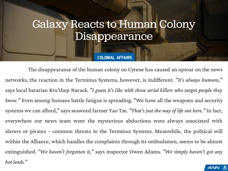 ANN_Updates's tweet image. Galaxy reacts to human colony disappearance. #MassEffect