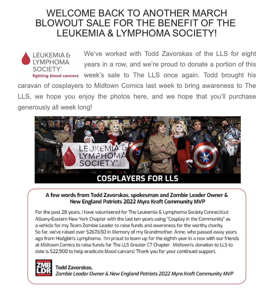 <a href="/MidtownComics/">Midtown Comics</a> Thanks for 8 years of collaboration with me to benefit <a href="/LLSusa/">The Leukemia & Lymphoma Society</a>!🩸 

<a href="/cosplayamerica/">Cosplay in America</a> <a href="/SoWizardPodcast/">So Wizard Podcast</a> <a href="/PromoteHorror/">PromoteHorror 🎃</a> #cosplay #cosplayer #cosplaying #midtowncomics #cancelbloodcancer #lls #somedayistoday