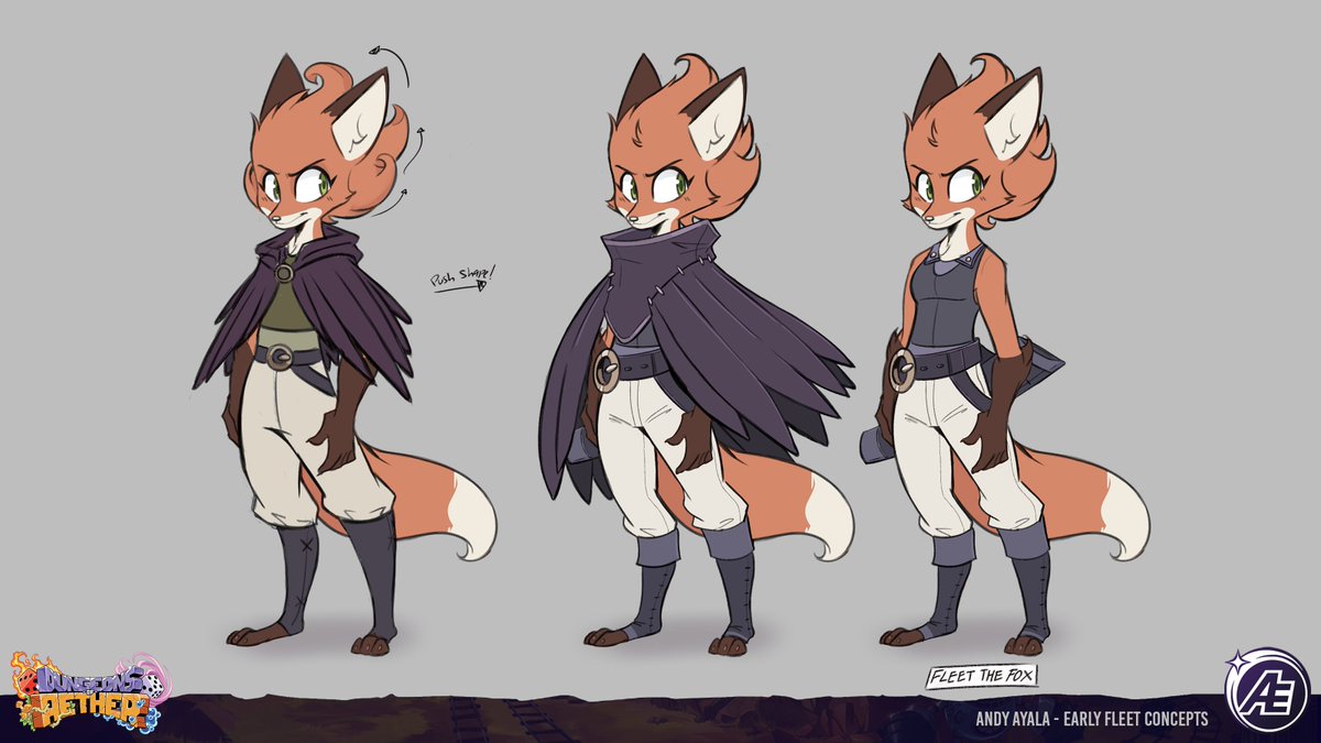Early Fleet concepts I made for Dungeons of Aether! 🦊🏹

These are from around 2019 -- she's always been my favorite design out of the whole cast. 