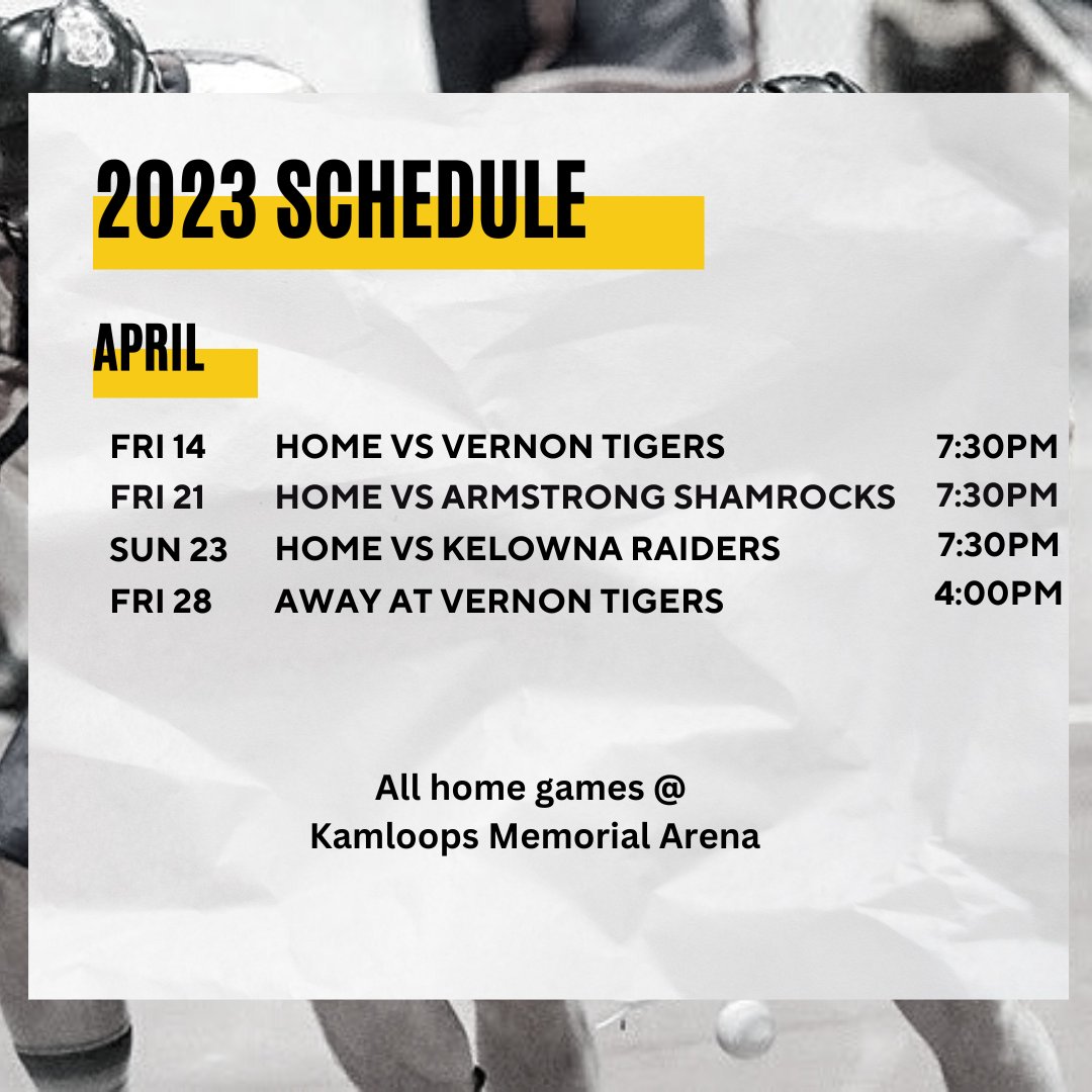 LoopsSrRattlers's tweet photo. Here's a look at the April schedule for your Rattlers Sr Lacrosse Club. We're kicking things off with a 3 game home stand!! Let's go!

..

#lacrosse #bclacrosse #bcla #tosll #boxla #kamloops #britishcolumbia @cityofkamloops @radionlfm @CFJC_Today https://t.co/qhjpZB4YZy