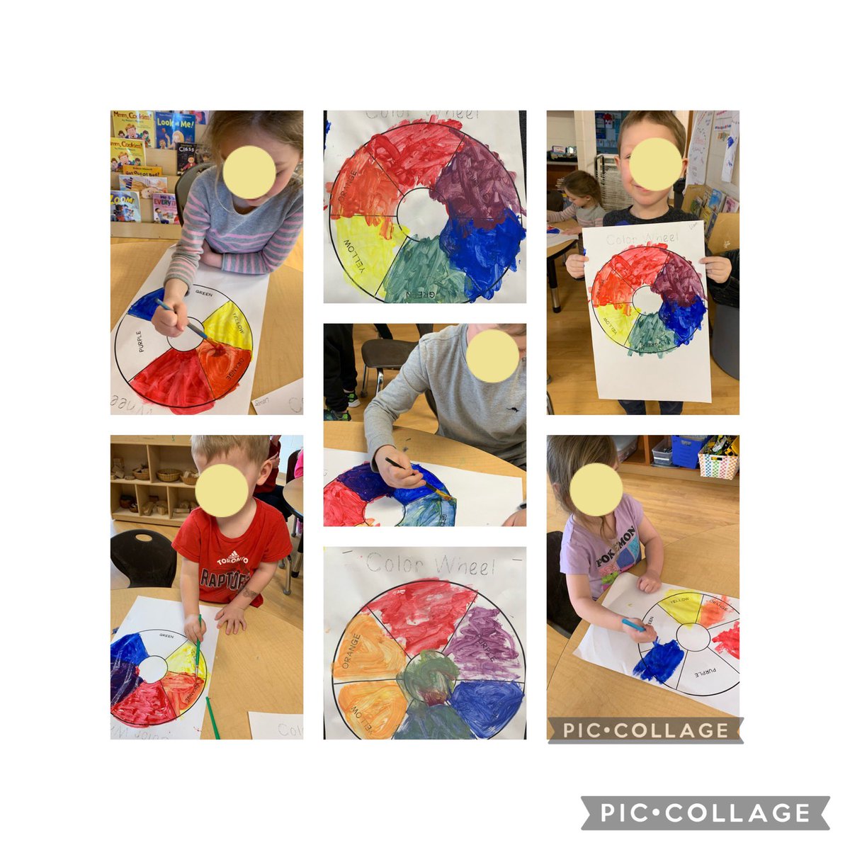 Colour mixing by students in KMB <a href="/StirlingPS/">Stirling PS</a> .  We had a mini investigation about primary colours and the colours in rainbows.  These are the colour wheels they made !#kindergartenart #primary #secondary #colours #colourwheel