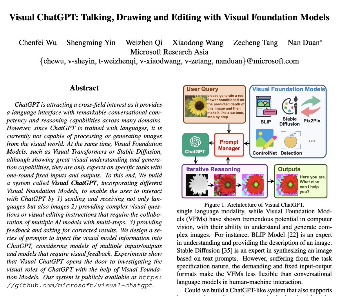_akhaliq's tweet image. Visual ChatGPT: Talking, Drawing and Editing with Visual Foundation Models
build a system called Visual ChatGPT, incorporating different Visual Foundation Models, to enable the user to interact with ChatGPT by 1) sending and receiving not only languages arxiv.org/abs/2303.04671…