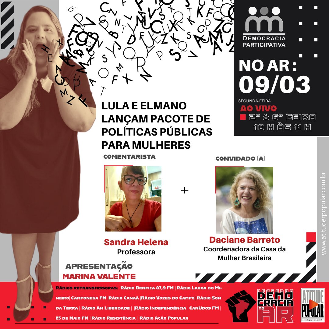 donamegafone's tweet photo. LULA E ELMANO LANÇAM PACOTE DE POLÍTICAS PÚBLICAS PARA MULHERES
Convidadas:
- Daciane Barreto - Coordenadora da Casa da Mulher Brasileira
Comentarista:
- Sandra Helena - Professora

#DemocracianoAr #8demarço #DiaInternacionaldaMulher  #MarinaValente #CasadaMulherBrasileira https://t.co/M4wQ8ocICP