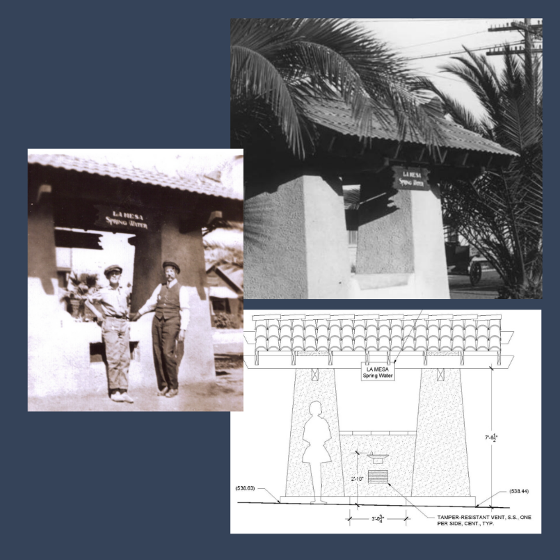 As part of the Collier Park renovation project, a scaled replica of the original La Mesa Springs Fountain (c. 1915) has been installed at its original location next to the La Mesa Depot Railroad Museum on Spring Street. Lighting will also be installed to highlight this feature!