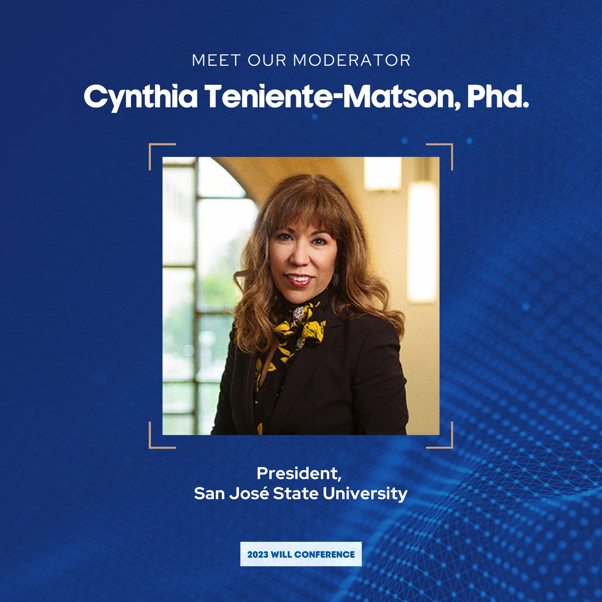 Meet our #sjsuWILL moderator, <a href="/sjsuprezmatson/">Dr. Cynthia Teniente-Matson</a>!

An internationally-recognized Latina leader, President Teniente-Matson is a champion of student success initiatives; diversity, equity &amp; inclusion; civic engagement; and experiential learning.

#sjsubusiness #WomensHistoryMonth #WHM
