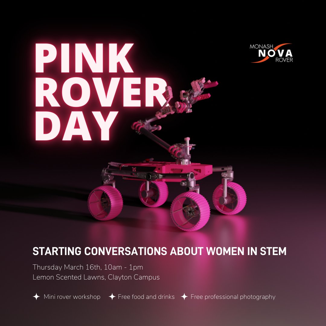 Come see Pink Rover Next week on Thursday! We will have free food and be running rover robotics workshops from 10 am! Meet the team behind Pink Rover!

#pink #rover #space #womeninSTEM #diversity #IWD