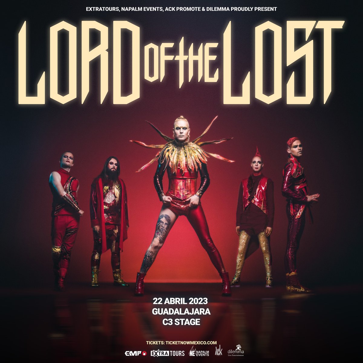 ⚡ @LordOfTheLost en Guadalajara ⚡ Estrenando su nuevo álbum 'Blood & Glitter' 🩸✨ 22 de Abril en @C3Mexico ¡Boletos ya disponibles! Compra en línea: bit.ly/LOTLGDL Y también en taquilla de C3 Stage Presentado por @ack_promote y @dilemmamx