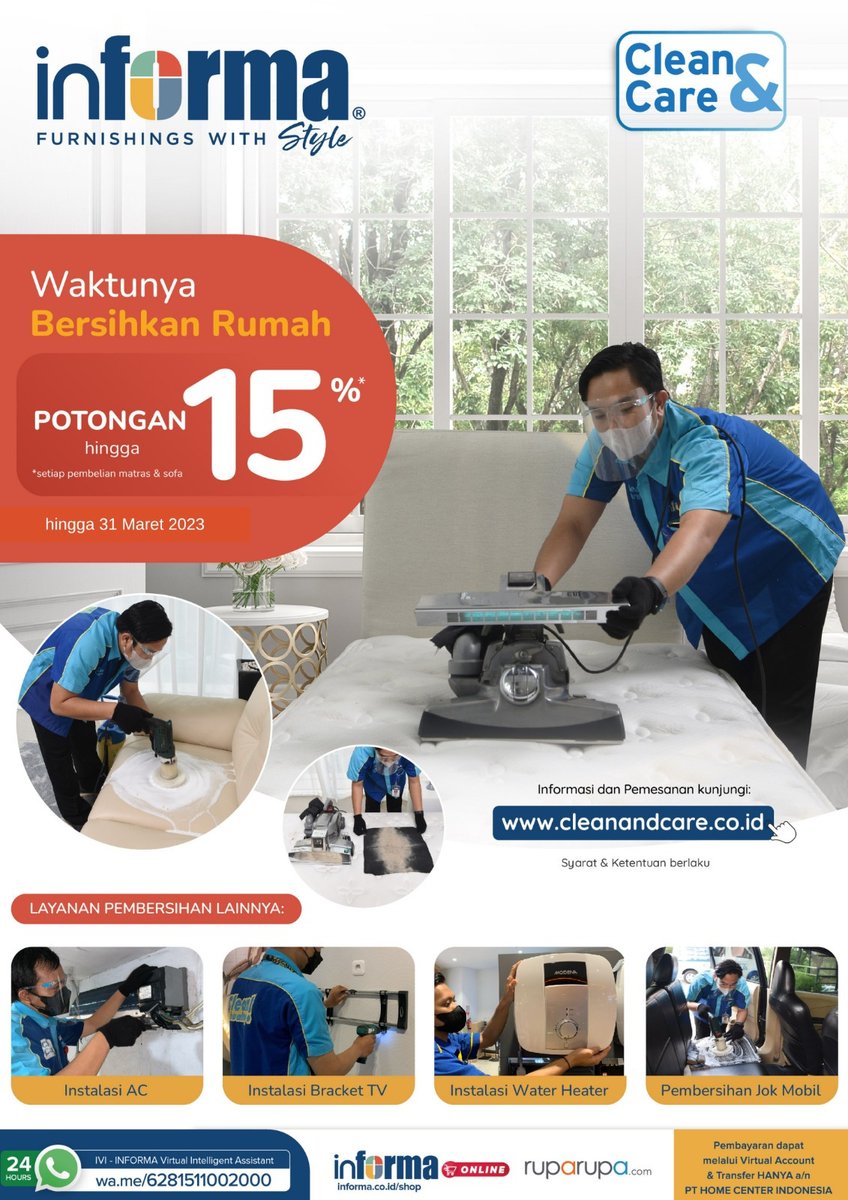 Kasur kamu gak nyaman?
banyak debu? gatel-gatel dan berbau?

Yuk bersihin aja pakai jasa pembersih Clean &amp; Care by Informa.

Segera kunjungi toko kami di Informa Sudirman Lampung
Jl.Jendral Sudirman no.4 Enggal Bandar Lampung
Map:
maps.app.goo.gl/m31SPJQuoK9zDx…
