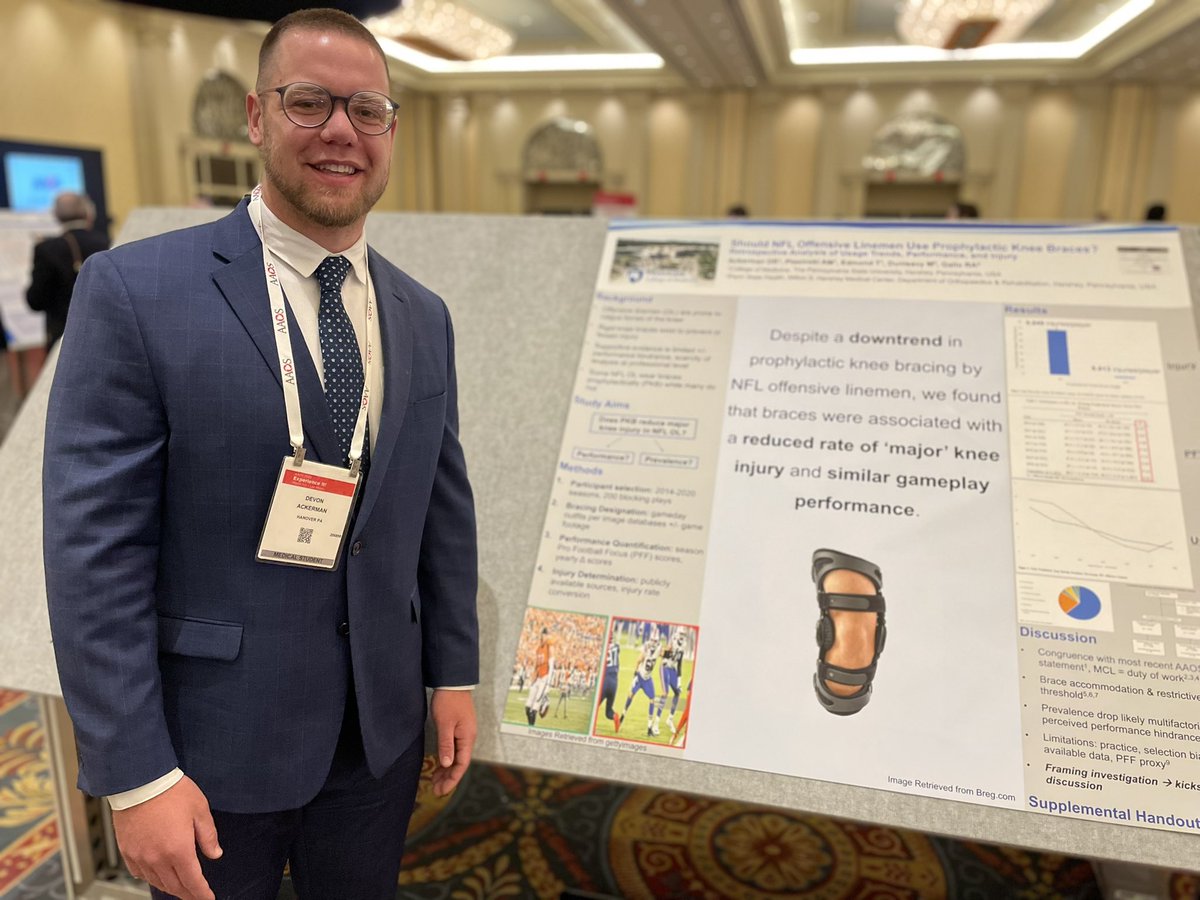 Robert A. Gallo (@drrobertgallo) on Twitter photo Congratulations <a href="/devonackerman/">Devon Ackerman</a>. Great poster at #AAOS2023 highlighting potential benefit of prophylactic knee bracing in reducing MCL injury rates in <a href="/NFL/">NFL</a> offensive linemen. <a href="/PennStHershey/">Penn State Health</a> Congratulations <a href="/devonackerman/">Devon Ackerman</a>. Great poster at #AAOS2023 highlighting potential benefit of prophylactic knee bracing in reducing MCL injury rates in <a href="/NFL/">NFL</a> offensive linemen. <a href="/PennStHershey/">Penn State Health</a>