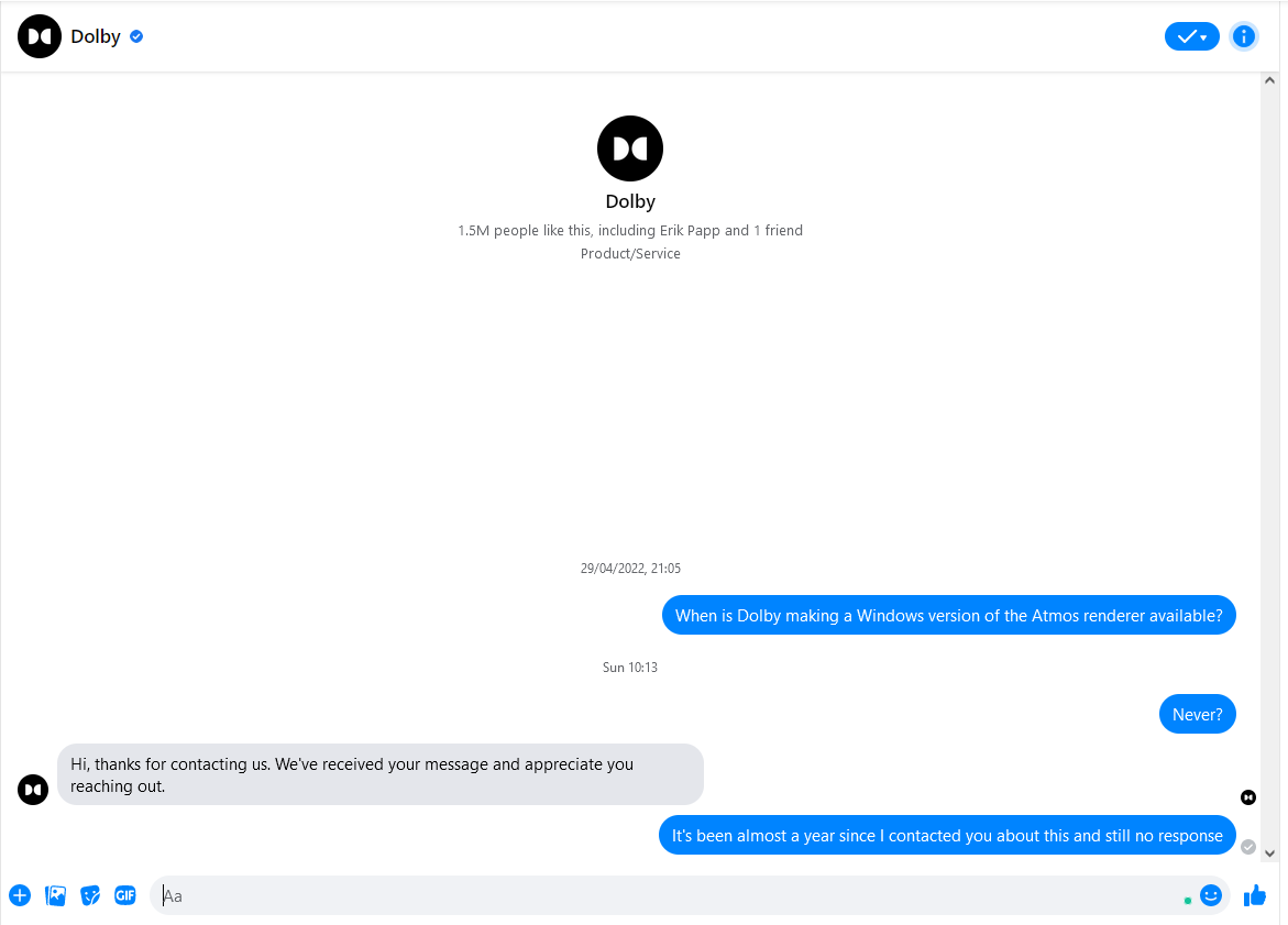 SPLMixing's tweet photo. @Dolby - Perhaps, I'll be able to get a response here. As you can see, I've waited a year so far. When are you releasing a Windows version of the atmos renderer as you have for Mac users?
I use @AvidProTools and I have everything I need except access to the renderer. https://t.co/67ZLXcHRAh