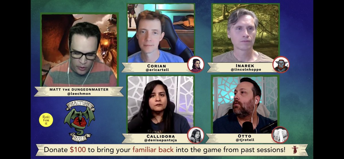 Don’t forget that we are back and IN ACTION tonight at 7:30PM PT!! If you love #DnD, have never watched or are just curious about it, please join DM <a href="/leechmon/">leechmon</a> &amp; our adventurers “The Battle Beatles” as they fight the rise of #Tiamat #rollinish 

Twitch.tv/fracturedroll