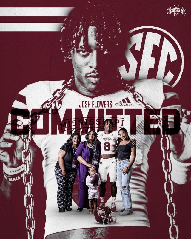 JoshFlowers2024's tweet photo. After this past visit with @HailStateFB, welcoming my family with open arms; I'm blessed to say I am committing to.... Mississippi State University
LETS GET TO WORK!!!  @CoachZachArnett @Coach_Barbay 
#HailState https://t.co/m2WKpVXNT9