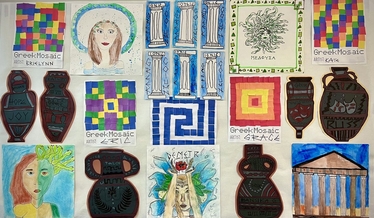 NatashaSufi's tweet photo. Greek Art is up in the McGown Hallway #GreekArt #Greece #Greek #Mosaic #GreekPottery #IonicColumn ποΈπΊπͺ¬π¬π·ππ« @cfisdMcGown #OwlAboutTheBest @CyFairISD @CFISD_FineArts https://t.co/yGGRSeBfum