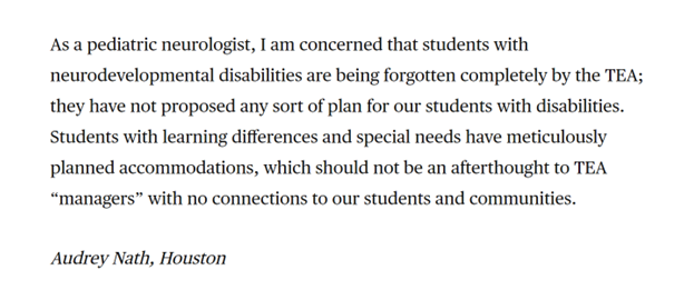 AudreyNathMDPhD's tweet photo. Thank you @HoustonChron for publishing my letter to the editor; students with disabilities should NOT be an afterthought to the folks at the TEA trying to take over @HISD! #TEAgoAWAY @HoustonCVPE https://t.co/SWVUxnoCG1