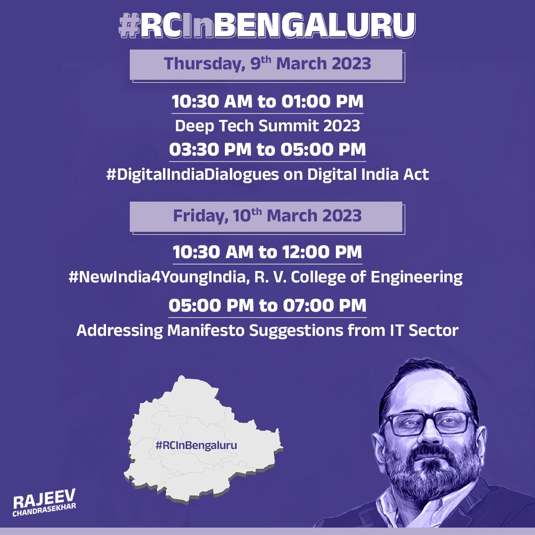 RajeevRC_X's tweet photo. Arriving in #Bengaluru today on a two-day visit. 

Will attend the Deep Tech Summit 2023 and hold #DigitalIndiaDialogues on Digital India Act, among other engagements. 

#RCInBengaluru https://t.co/9AgYJEAIxv