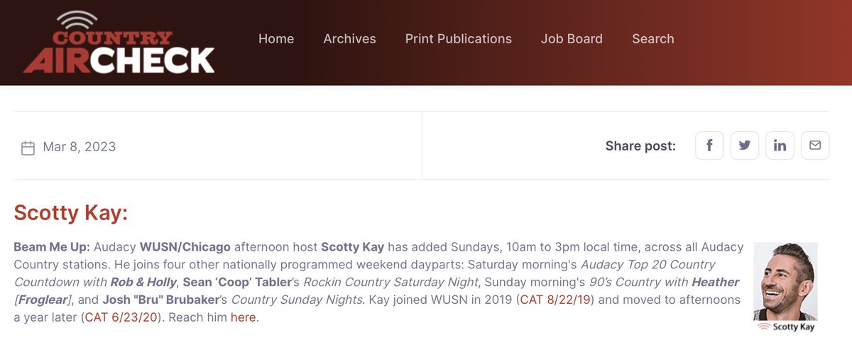 This is so cool! I'm excited to get to talk so many cities across America starting this weekend!  2019 We moved back to Chicago with NO jobs! Now I get to join the incredible national team of <a href="/Audacy/">Audacy</a>  Country. 
Thanks <a href="/CountryAircheck/">Country Aircheck</a> !!