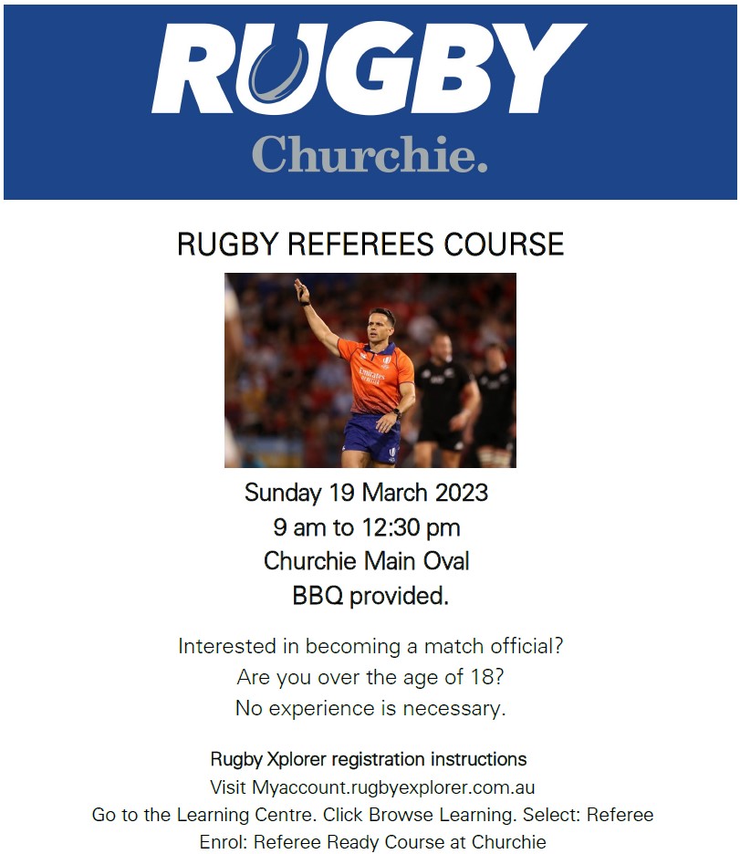 Churchie Rugby are looking for more referees for the 2023 season. Any interested Churchie Old Boys are welcome and invited to register. Please use the following link to do so. form.jotform.com/201607931973964 Please also register on Rugby Xplorer using the instructions in the image.