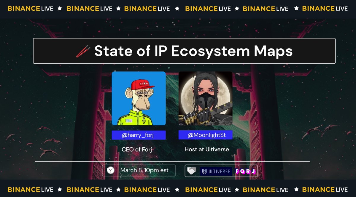 ForjOfficial's tweet image. And we've LIVE! 🚨

Join #Forj CEO @harry_forj and @Moon1ightSt from @UltiverseDAO on their @TheBinanceNFT Live show NOW

They're be discussing the latest IP ecosystem updates from #Web3, including #BAYC &amp;amp; #CoolCats. 

👂binance.com/en/live/video?…