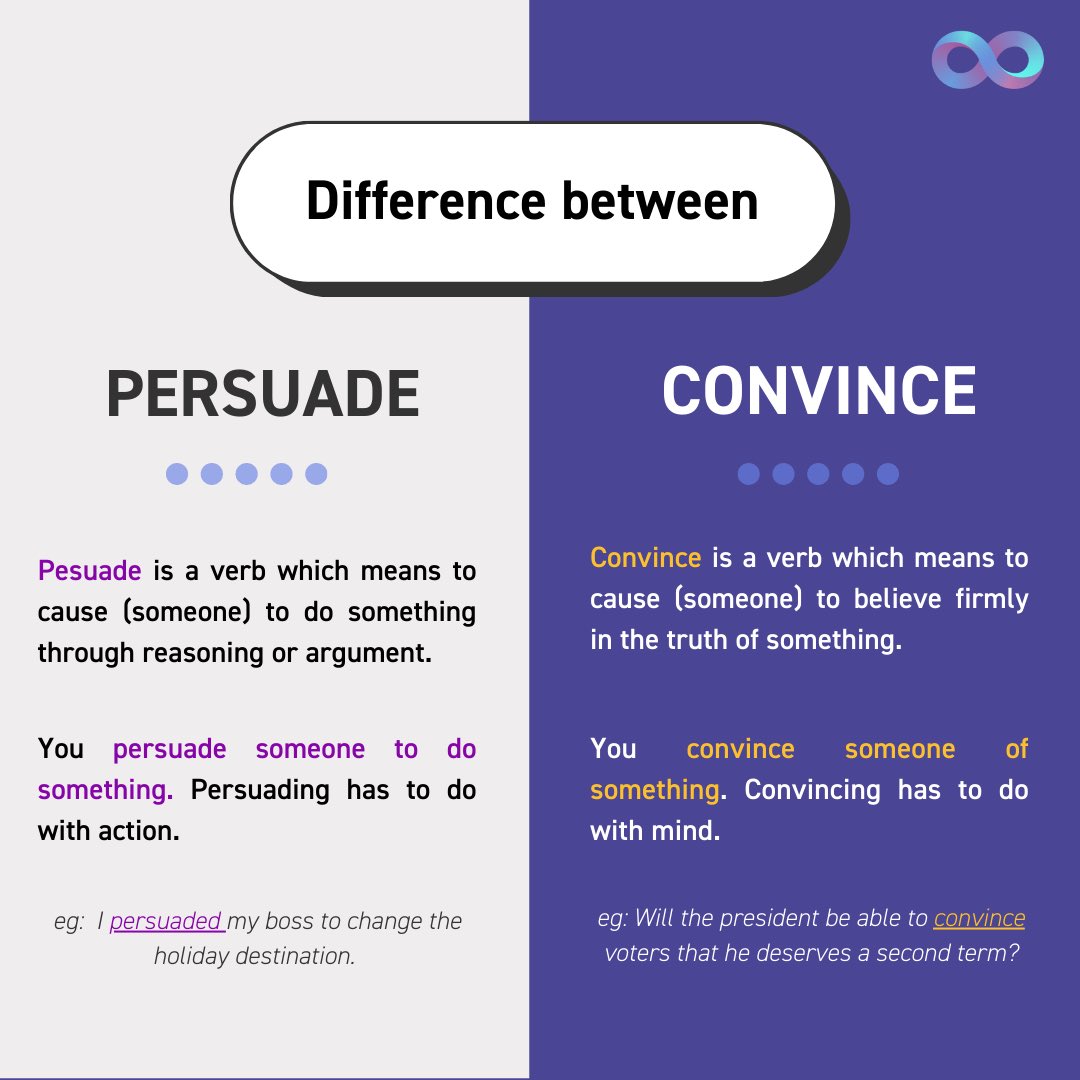 loop_english's tweet photo. "Persuade" and "Convince" may seem similar but they hold distinct meanings. Let's dig into how they work.😎
#english #englishlanguage #englisherrors #englishgrammar #englishrules #learnenglish #misunderstandings #englishonline #englishonlinelearning #ielts #toeic #toelf https://t.co/L9PEVg7gE7
