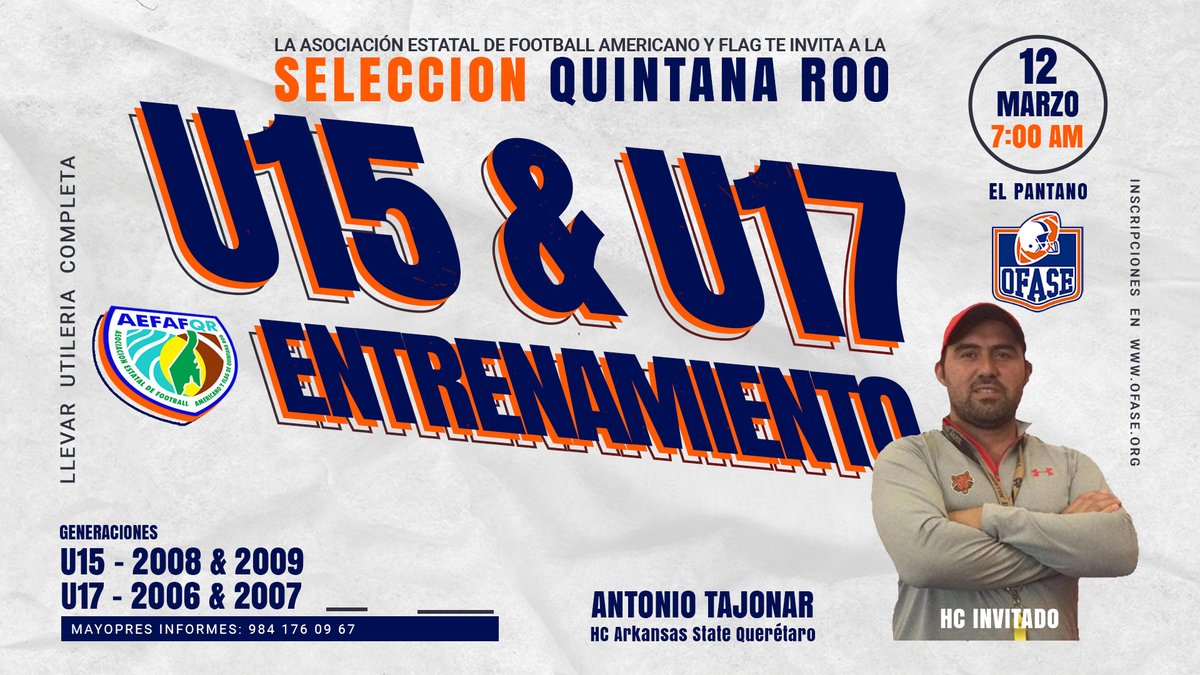 OFASEoficial's tweet photo. ENTRENAMIENTO U15 &amp; U17 DE Q. ROO
Domingo 12 Marzo 7:00 AM Pantano
Forma parte de la U15 o U17 de Q. Roo
U15 (2008 &amp; 2009) - Monterrey - 22 al 26 Junio
U17 (2006 &amp; 2007) - Torreón - 27 al 01 Julio
Invitado HC Antonio Tajonar de Arkansas State Queretaro
TRAER UTILERIA COMPLETA https://t.co/6XNWC3NyEW