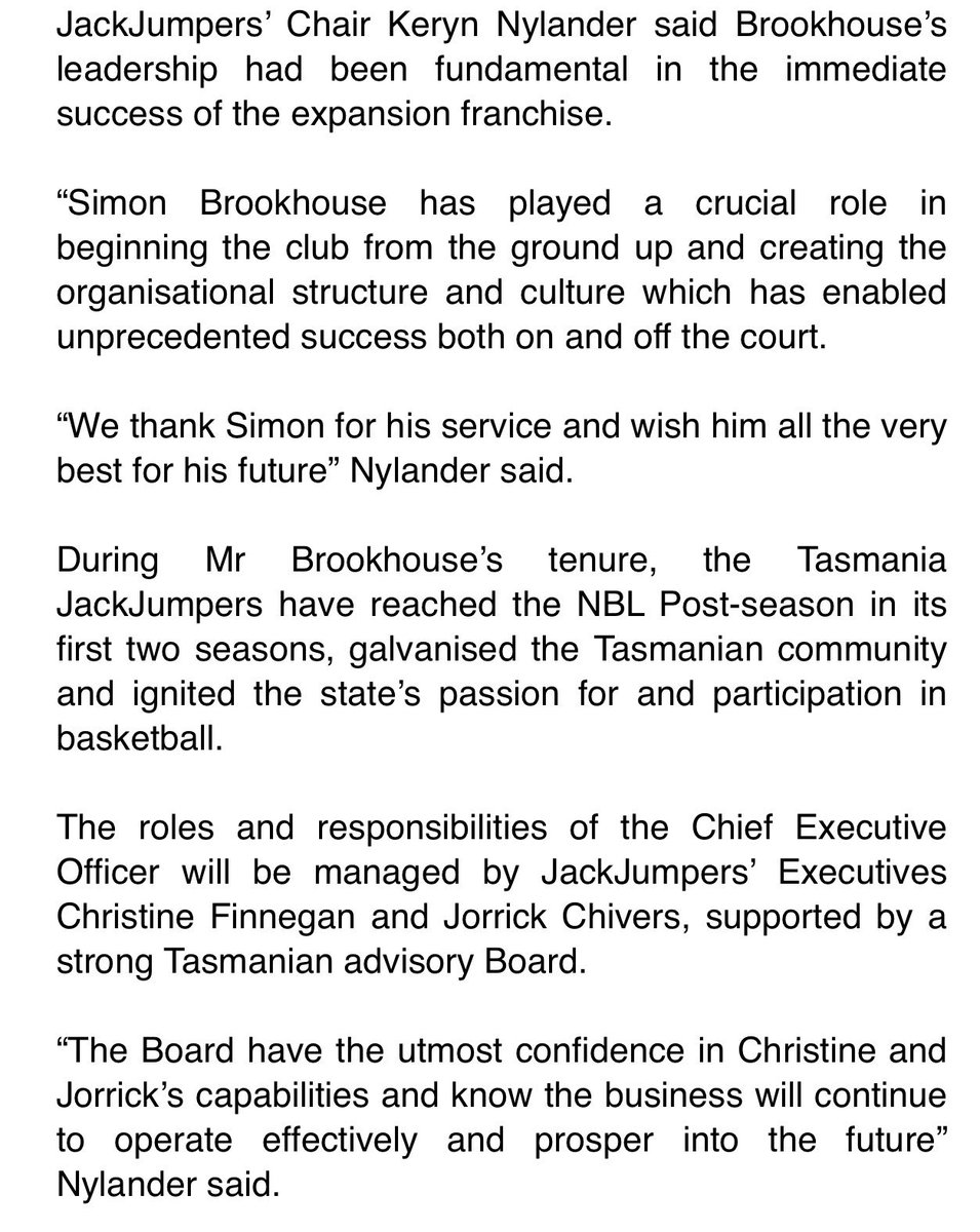 The <a href="/JackJumpers/">Tasmania JackJumpers 🐜</a> have confirmed Simon Brookhouse has resigned as CEO of the <a href="/NBL/">NBL</a>’s newest franchise.

Brookhouse felt it was the right time to step away from the club as it transitions into potential new ownership in the near future. 

The board will fill the role in the interim