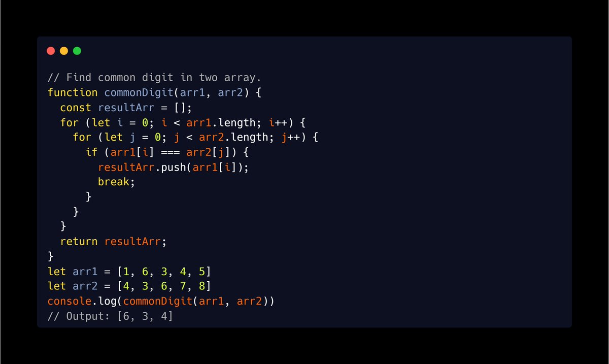 Prabhu933's tweet image. Find common digit in two array.
#javascript #logicalprogramming #dsa