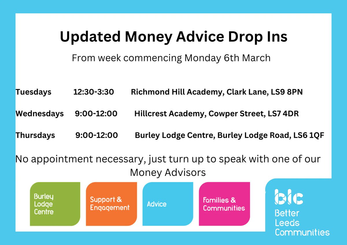 Just a reminder that we're no longer running drop in sessions at Coop Academy Leeds and Seacroft Community Hub.

We're still at the below venues and despite the weather, Kim is on hand to deal with your money related questions today!