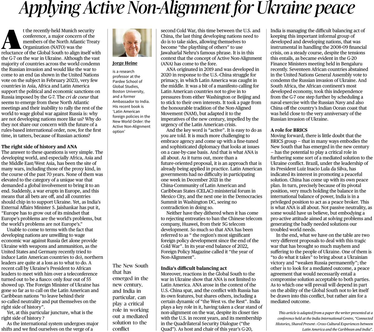 Jorge Heine's recent book talks about the Active Non-Alignment option in an article which featured in @the_hindu  and how can countries apply it without taking sides. #developingcountries #nonalignment