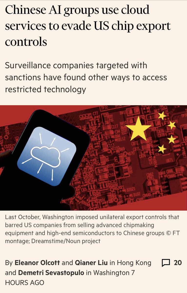 Theresa Fallon (@theresaafallon) on Twitter photo “Chinese artificial intelligence groups are skirting export controls to access high-end US chips through intermediaries, revealing potential loopholes in Washington’s blockade of cutting-edge technology to the country.” <a href="/FT/">Financial Times</a> “Chinese artificial intelligence groups are skirting export controls to access high-end US chips through intermediaries, revealing potential loopholes in Washington’s blockade of cutting-edge technology to the country.” <a href="/FT/">Financial Times</a>